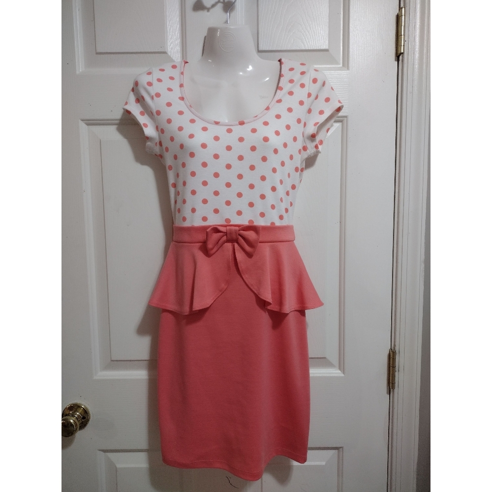 Polka Dot Peplum Y2K Business Casual Dress Coral/White Women's Size Small